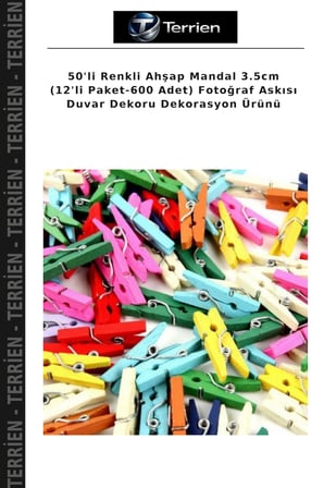 50'li Renkli Ahşap Mandal 3.5cm (12'li Paket-600 Adet) Fotoğraf Askısı Duvar Dekoru Dekorasyon Ürünü