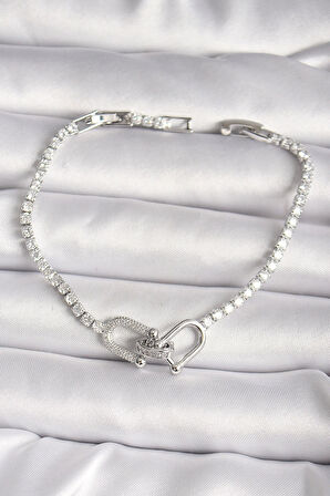 Pirinç Gümüş Renk Su Yolu Zirkon Taşlı Model Kadın Bileklik