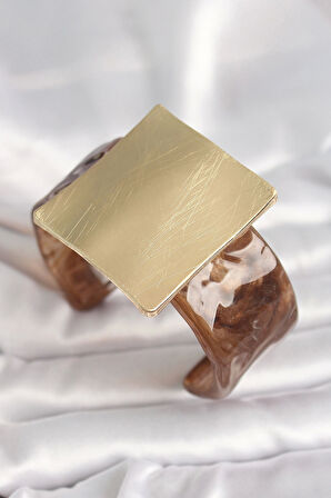 Kahverengi Mermer Desen Akrilik Plastik Gold Kare Plaka Model Vintage Kadın Bilezik