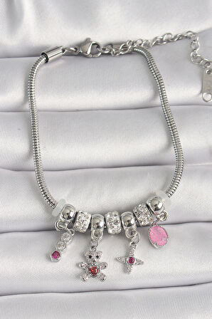 Pirinç Gümüş Renk Zincir Sallantı Zirkon Taşlı Ayıcık Figür Yıldız Detay Kadın Bileklik