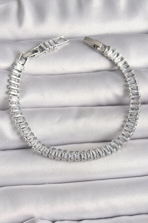 Pirinç Gümüş Renk Zirkon Taşlı Su Yolu Model Kadın Bileklik