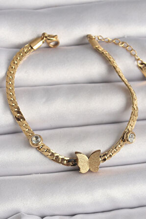 316L Çelik Gold Renk Yassı Zincir Zirkon Taşlı Simli Kelebek Figür Kadın Bileklik
