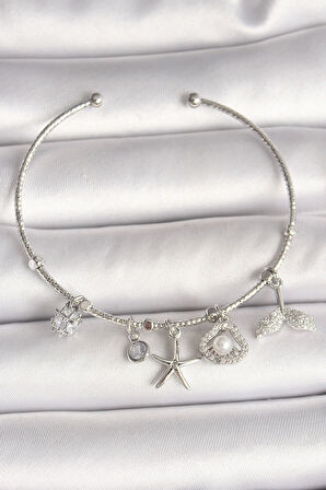 Pirinç Gümüş Renk Sallantı Zirkon Taşlı Deniz Yıldız Figür Balık Kuyruğu Detay Charm Kadın Bileklik