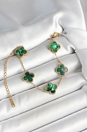 316L Çelik Sedefli Zümrüt Yeşil Gold Renk Yonca Kadın Bileklik