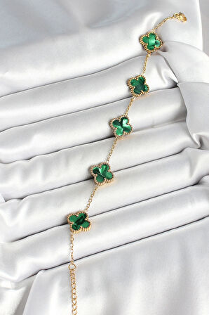 316L Çelik Sedefli Zümrüt Yeşil Gold Renk Yonca Kadın Bileklik