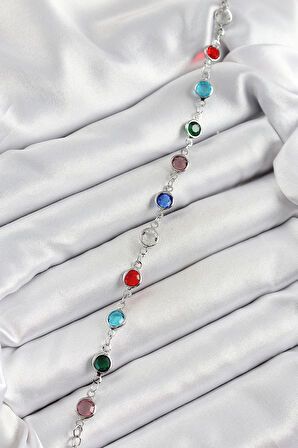 Pirinç Gümüş Renk Karışık Renk Zirkon Taşlı Kadın Bileklik