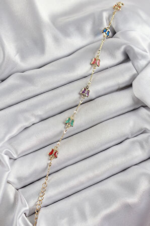 Pirinç Gold Renk Karışık Renk Kelebek Zirkon Taşlı Kadın Bileklik