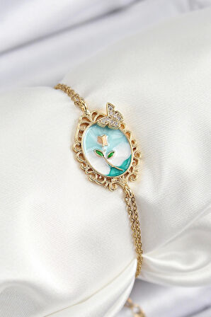 316L Çelik Zincir Mineli Sanatsal Portre Zirkon Taşlı Kelebek Detaylı Çiçek Model Gold Renk Kadın Bileklik