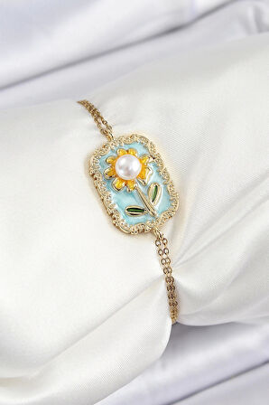 316L Çelik Zincir Turkuaz Mineli Sanatsal Portre İnci Detaylı Papatya Model Gold Renk Kadın Bileklik