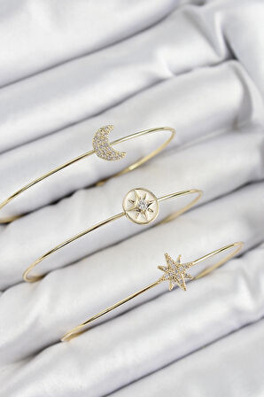 Pirinç Zirkon Taşlı Ay Ve Kutup Yıldızı Model Gold Renk Vip 3'lü Kadın Bileklik