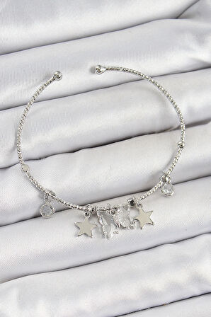 Pirinç Zirkon Taşlı Kelebek Ve Yıldız Model Gümüş Renk Charm Bileklik