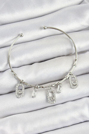 Pirinç Zirkon Taşlı Dikdörtgen Model Gümüş Renk Charm Bileklik