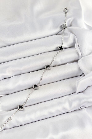 316L Çelik Siyah Sedef Yonca Model Gümüş Renk Kadın Bileklik