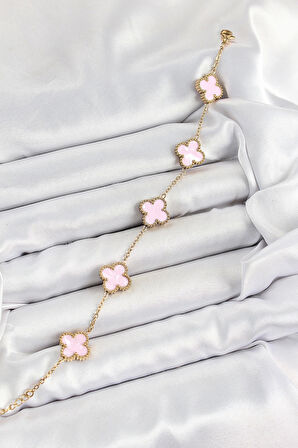 316L Çelik Pembe Sedef Yonca Model Gold Renk Kadın Bileklik