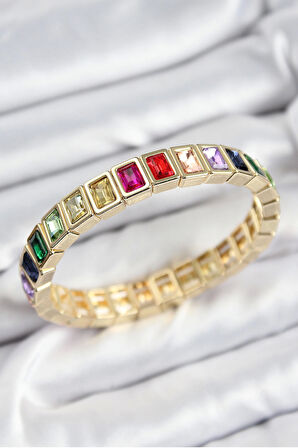 Pirinç Karışık Zirkon Taşlı Dikdörtgen Model Gold Renk Lastikli Kadın Bileklik