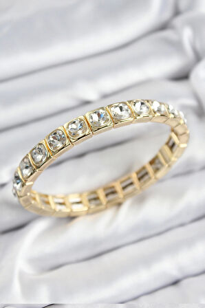 Pirinç Zirkon Taşlı Kare Model Gold Renk Lastikli Kadın Bileklik