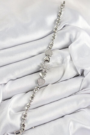 Pirinç Zirkon Taşlı Kalp Detaylı Çiçek Model Gümüş Renk Kadın Bileklik