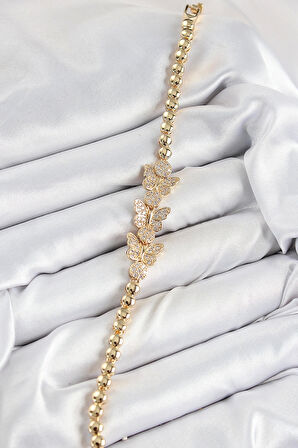 Pirinç Zirkon Taşlı Kelebek Model Gold Renk Kadın Bileklik