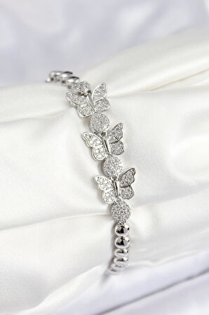 Pirinç Zirkon Taşlı Kelebek Model Gümüş Renk Kadın Bileklik