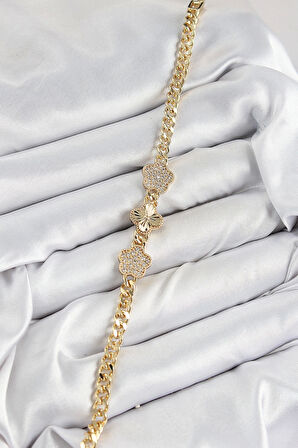 Pirinç Zirkon Taşlı Yonca Model Gold Renk Kadın Bileklik