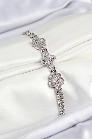 Pirinç Zirkon Taşlı Yonca Model Gümüş Renk Kadın Bileklik