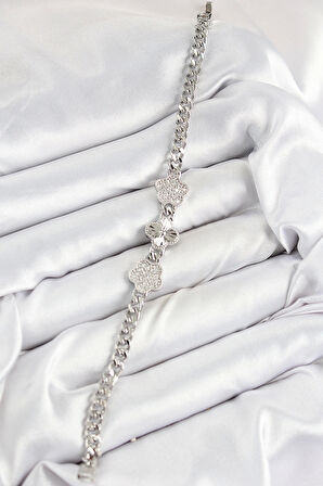 Pirinç Zirkon Taşlı Yonca Model Gümüş Renk Kadın Bileklik