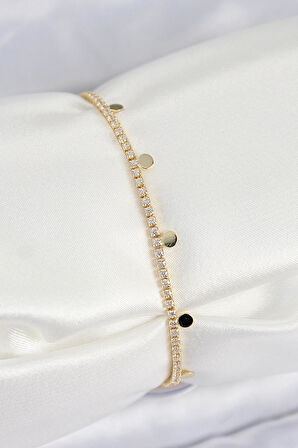 Pirinç Zirkon Taşlı Ezme Zincirli Sıralı Model Gold Renk Kadın Bilekilk