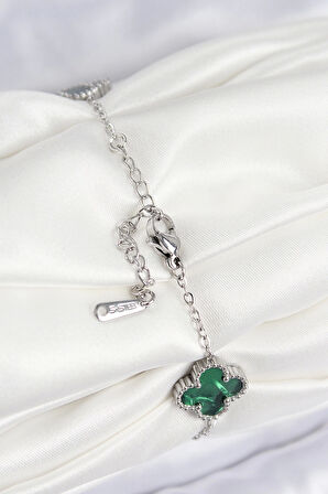 316L Çelik Sedefli Zümrüt Yeşil Gümüş Renk Yonca Kadın Bileklik