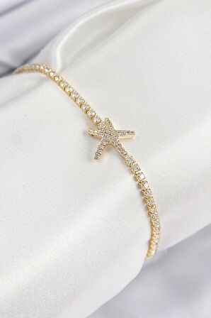 Pirinç Zirkon Taşlı Deniz Yıldızı Model Gold Renk Kadın Bileklik