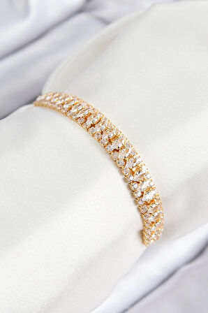 Pirinç Zirkon Taşlı Tennıs Model Gold Renk Asansörlü Kadın Bileklik