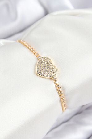 Pirinç Zirkon Taşlı Kalp Model Gold Renk Asansörlü Kadın Bileklik