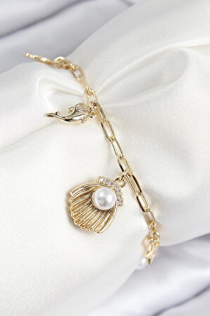 Pirinç Zirkon Taşlı İncili İstiridye Model Gold Renk Kadın Bileklik