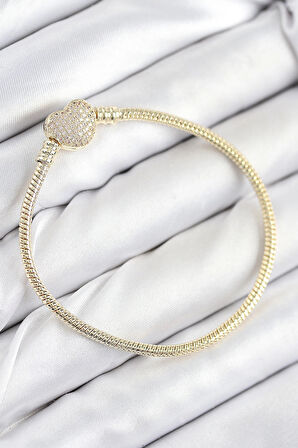 Pirinç Charm Zirkon Taşlı Kalp Model Gold Renk Kadın Bileklik