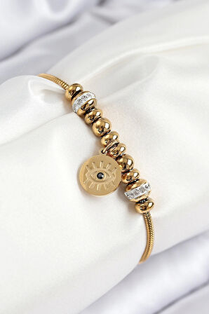 316L Çelik Zirkon Taşlı Göz Charm Model Gold Renk Kadın Bileklik