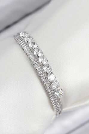 Pirinç Zirkon Taşlı Su Yolu Model Gümüş Renk Kadın Bileklik