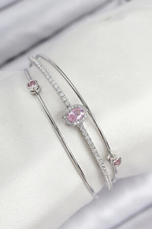 Pirinç Zirkon Taşlı Baget Model Gümüş Renk Kadın Bileklik