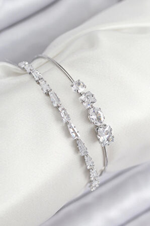 Pirinç Zirkon Taşlı Su Yolu Model Gümüş Renk Kadın Bileklik