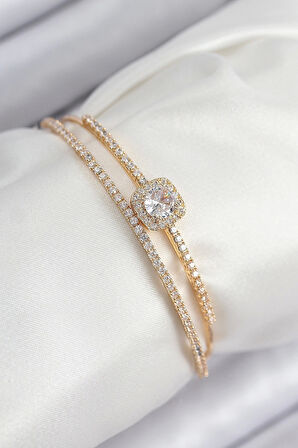 Pirinç Zirkon Taşlı Baget Model Gold Renk Kadın Bileklik