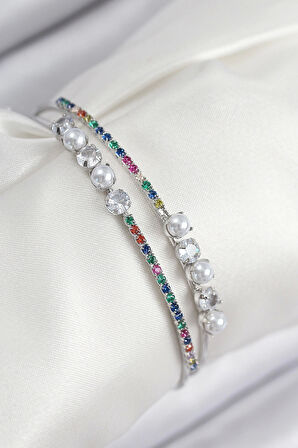 Pirinç Zirkon Taşlı İnci Model Gümüş Renk Kadın Bileklik