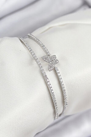 Pirinç Zirkon Taşlı Kelebek Model Gümüş Renk Kadın Bileklik