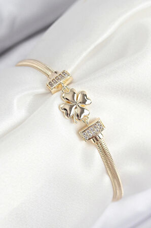 Pirinç Zirkon Taşlı Yonca Model Gold Renk Kadın Bileklik