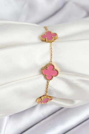 316L Çelik Gold Zincir Pembe Yonca Renk Bileklik