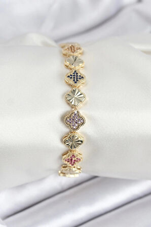 Pirinç VIP Seri Yonca Zirkon Taşlı Kadın Bileklik