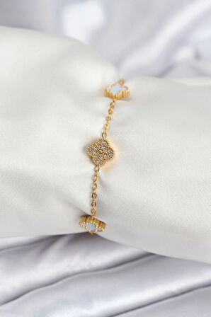 316L Çelik Gold Renk Beyaz ve Zirkon Taşlı Baby Boy Yonca Kadın Bileklik