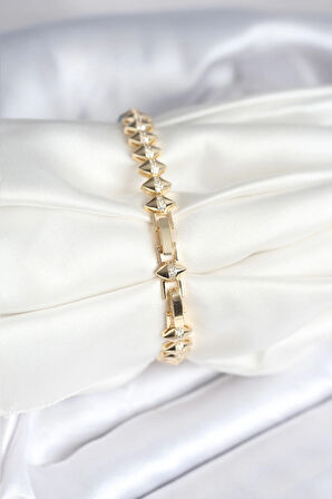 Pirinç Gold Renk Zirkon Taşlı Baklava Model Kadın Bileklik