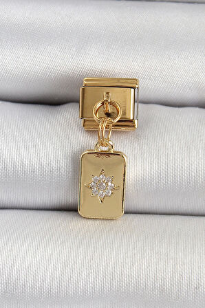 316L Çelik Sallantılı Zirkon Taşlı Kutup Yıldızı Figürlü Dikdörtgen Model Gold Renk Nomination Charm