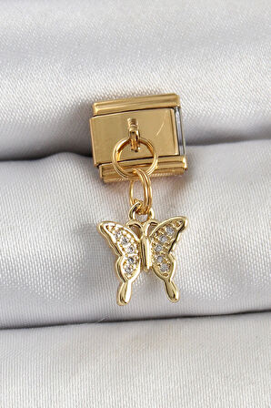 316L Çelik Sallantılı Zirkon Taşlı Kelebek Model Gold Renk Nomination Charm