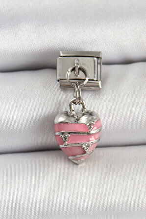 316L Çelik Gümüş Renk Pembe Kalp Model Nomination Charm