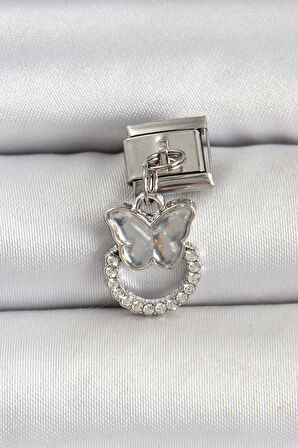 316L Çelik Gümüş Renk Taşlı Kelebek Model Nomination Charm
