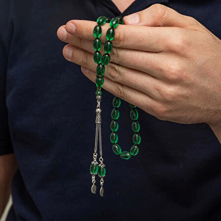 Gümüş Püsküllü Yeşil Ateş Kehribar Tesbih